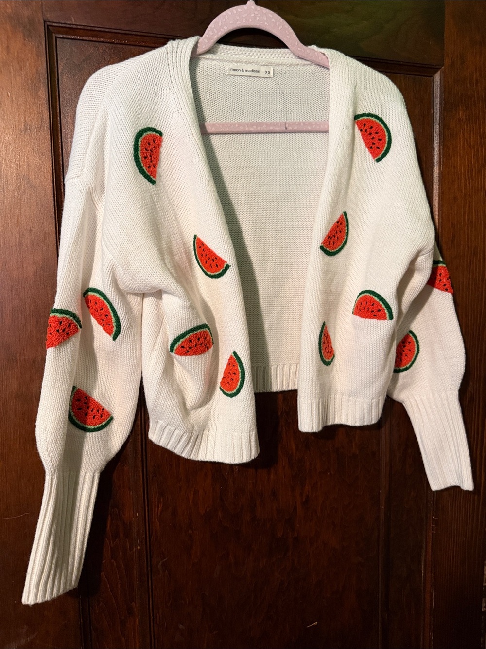 moon & madison White Cardigan with Red & Green Watermelon Embroidery